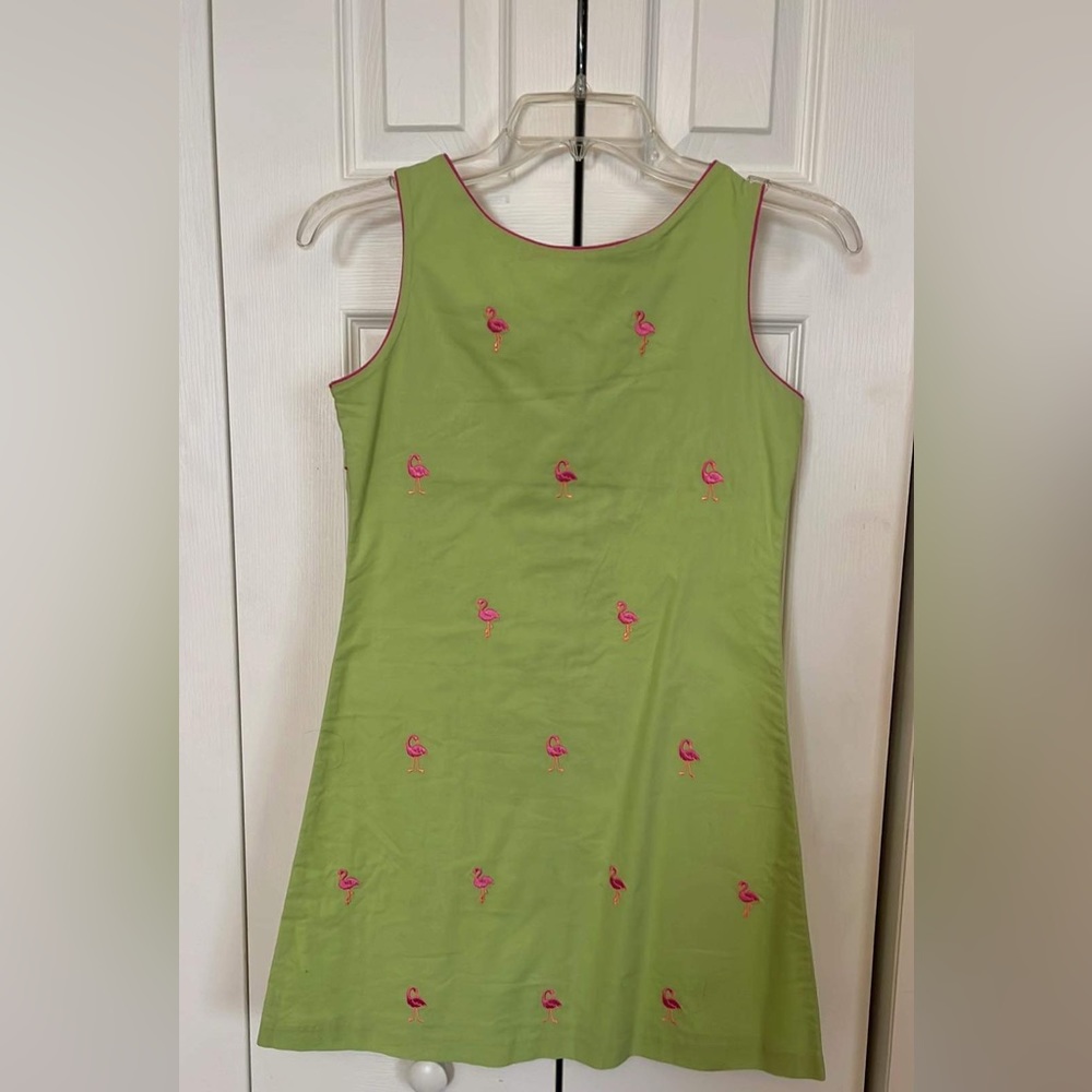 Girls Talbots shift dress with pink flamingos and tie back